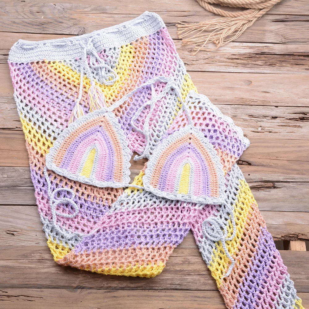 

YUANYUANJYCO Knitted Swimsuit Women 2 Pieces Fishnet Two Piece Set Patchwork Tassel Bathing Suit Lace Up Fish Net Sexy Swimwear