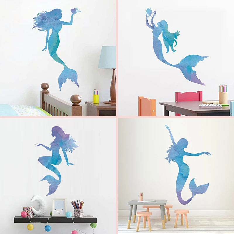 Синий Русалка виниловые наклейки на стену Забавный мультфильм искусство