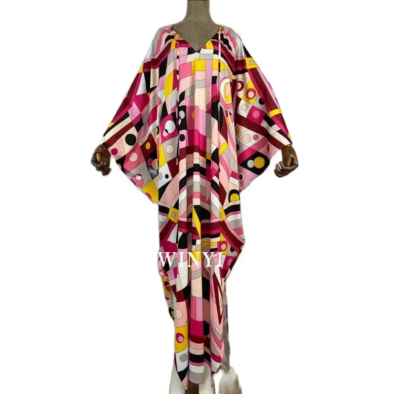 

WINYI 2021 traf Long Length Dress Women floral Print Vacation sukienka Batwing V Collar Over Size Elegant New Fashion Tide