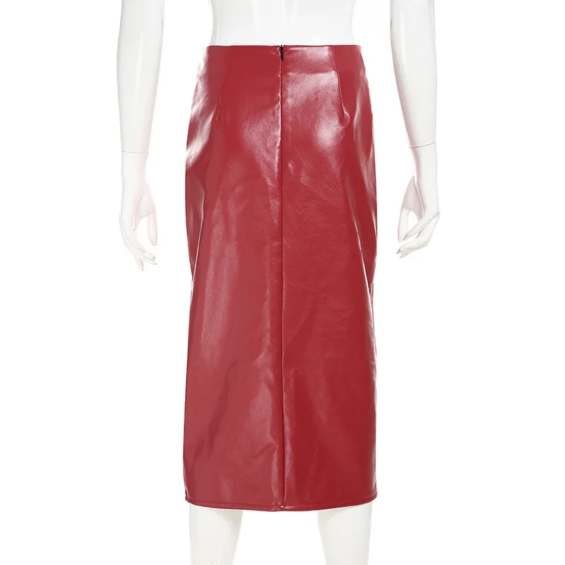 Женская юбка из ПУ кожи красная облегающая средней длины на молнии с высокой