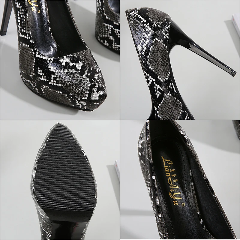 Женские туфли лодочки из змеиной кожи пикантные на платформе и высоком тонком