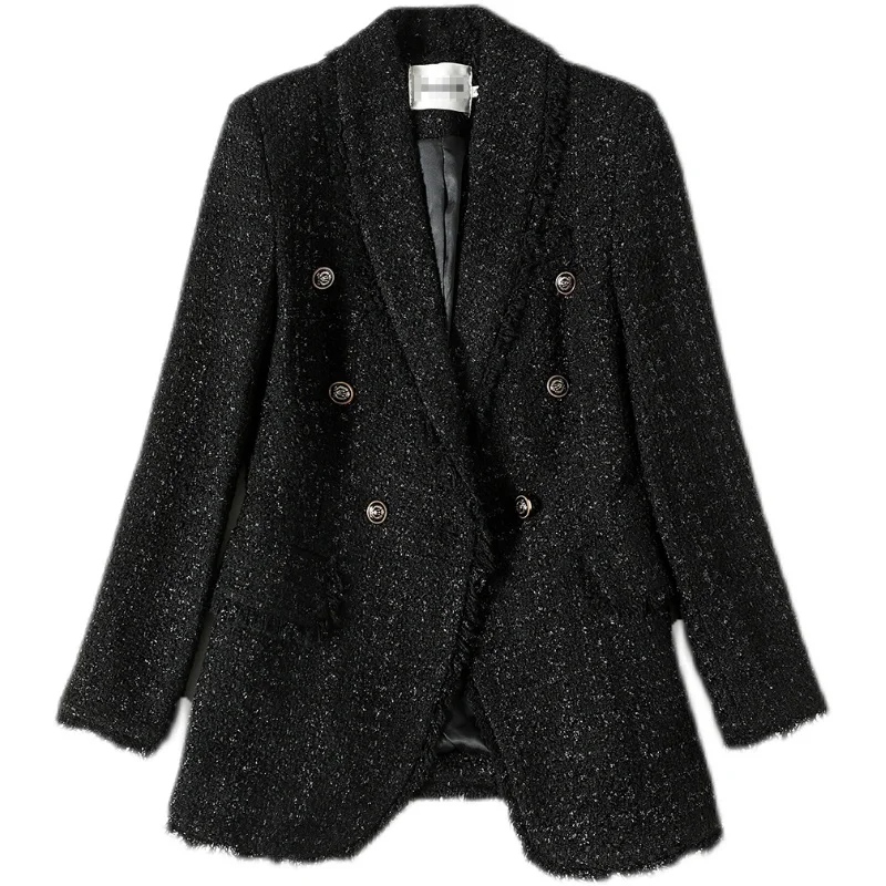 

High Quality 2021 Autumn New Style Small Fragrant Black Temperament Wool Tweed Small Jacket Women's Self Cultivation Blouse