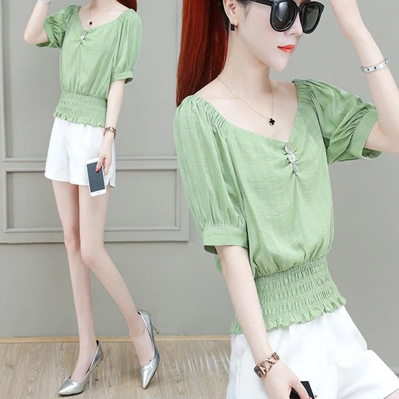 

Women's Spring Summer Style Chiffon Shirt Women's Button Solid Color Short Sleeve O-neck Elegant Vintage Tops SP107