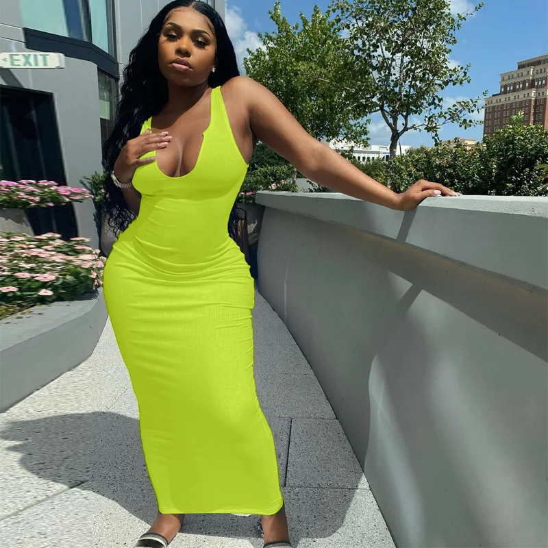 

Knitted Stripe Women Sleeveless Midi Dress V Neck Bodycon Sexy Streetwear Party Club Elegant 2021 Spring Summer