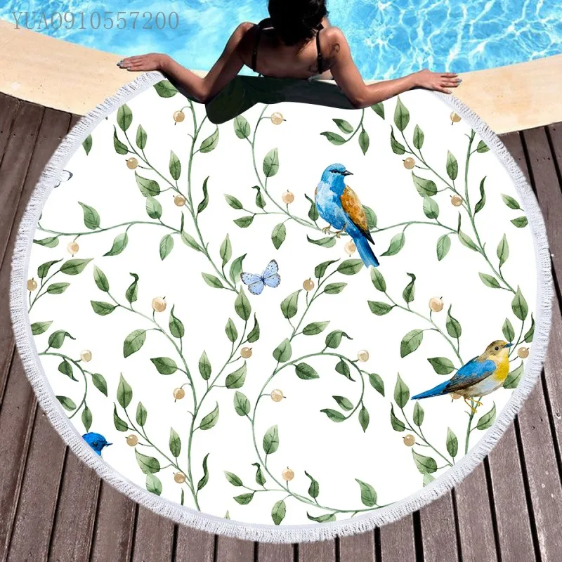 

Microfiber Towel 3D Printed Flower Birds Round Beach Towel Travel Picnic Sports Swimming Bath Towels for Adults Beach Cover Up