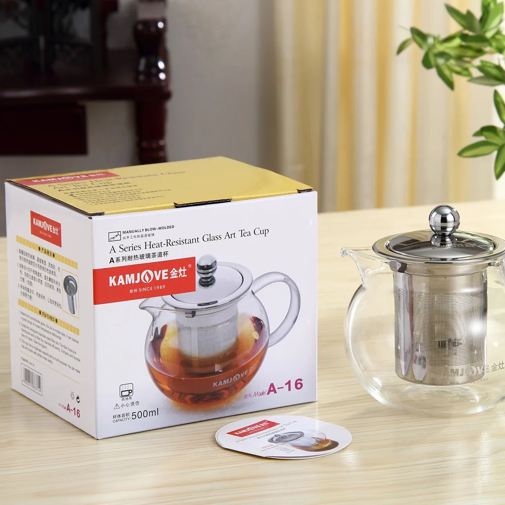 

A-16 Kamjove Heat Resistant Glass Art Tea Cup Glass Teapot Stainless Steel Filter Coffee Tea Black Tea Kettle Tea Infuser 500ml