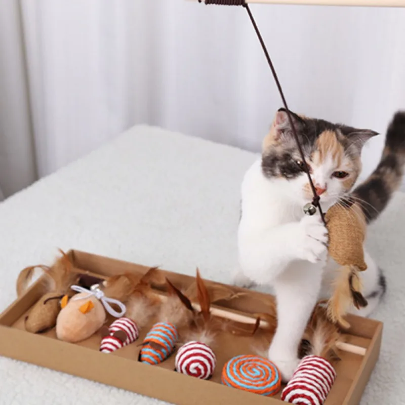 

Pet Cat Teaser Toys Feather Linen Wand Cat Catcher Teaser Stick Cat Interactive Toys Wood Rod Mouse Toy With Mini Bell