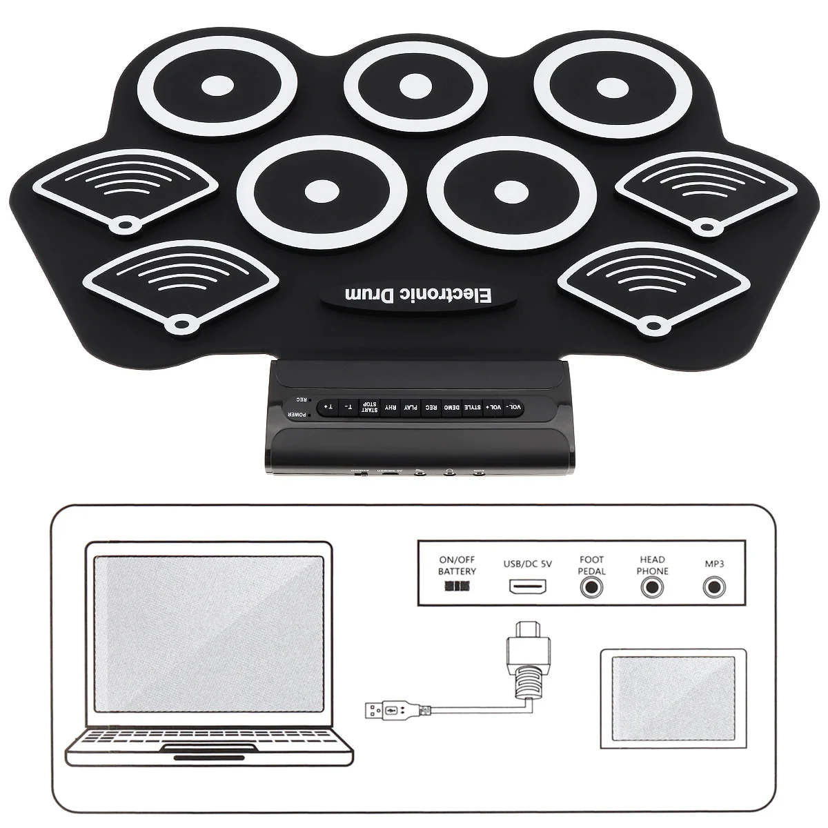 

9 Pads Electronic Roll up Thicken Silicone Drum Electric Drum Kit with Drumsticks and Sustain Pedal