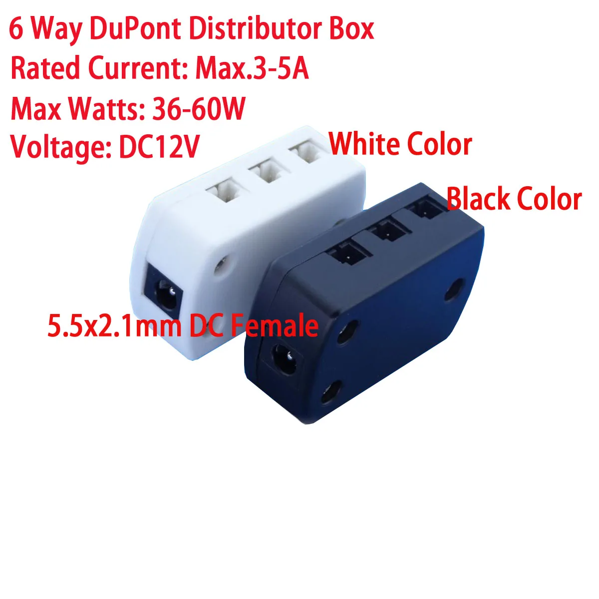 

6 Way DuPont Distributor Box 5.5x2.1mm DC Female including 2M Lenght Male Cable for Single Color LEDs 6 Way DuPon