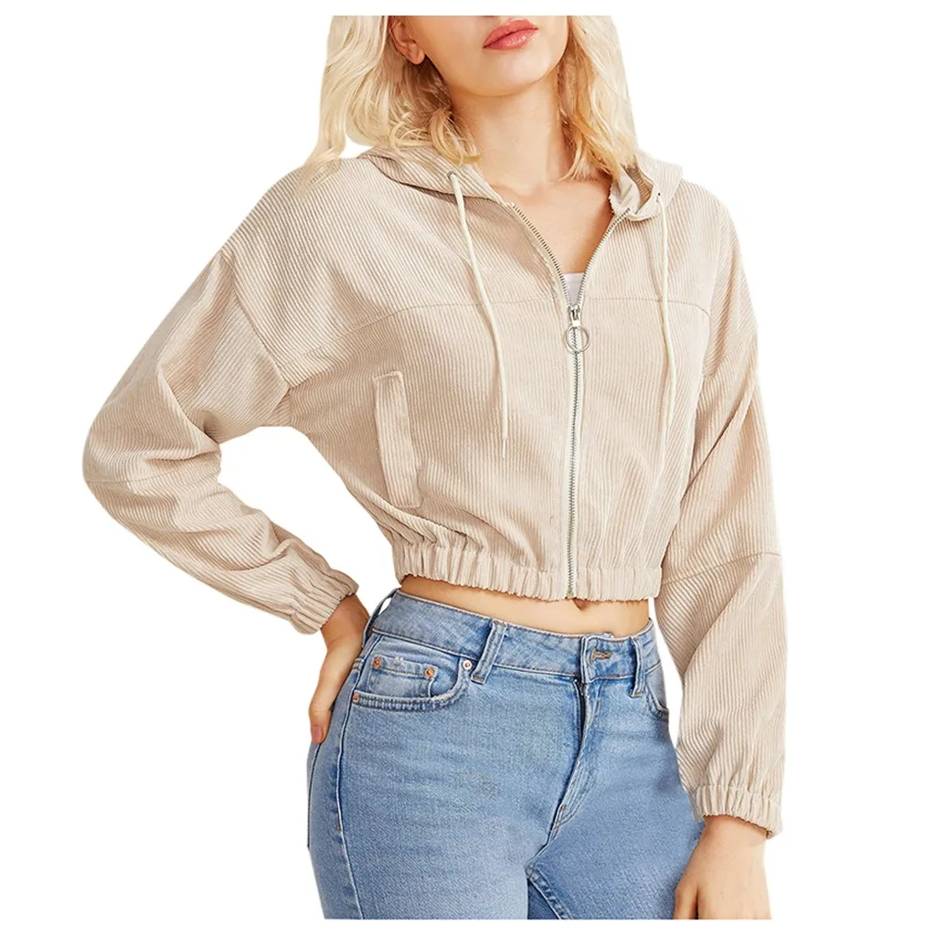 Short Hoodie Crop Top Women Casual Long Sleeve Hooded Sweatshirt Harajuku Corduroy Zip-Up Pocket Shirt And Blouse#0909 | Женская одежда