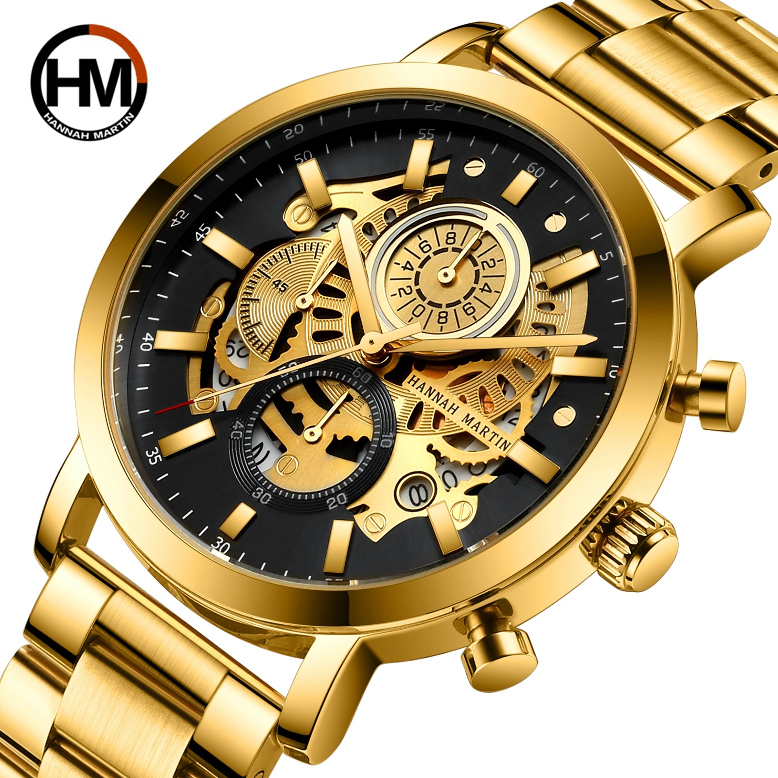 2021 New Fashion Multifunction Waterproof Chronograph Calendar Men's Watch Luxury Gold Color Wristband Wrist Watches Business