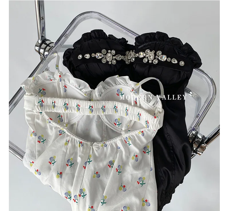 

2021 Summer New Style French Exquisite Rhinestone Floral Strap Vest Women's Fashion Sexy Hot Girl Sleeveless Short Camisole Top