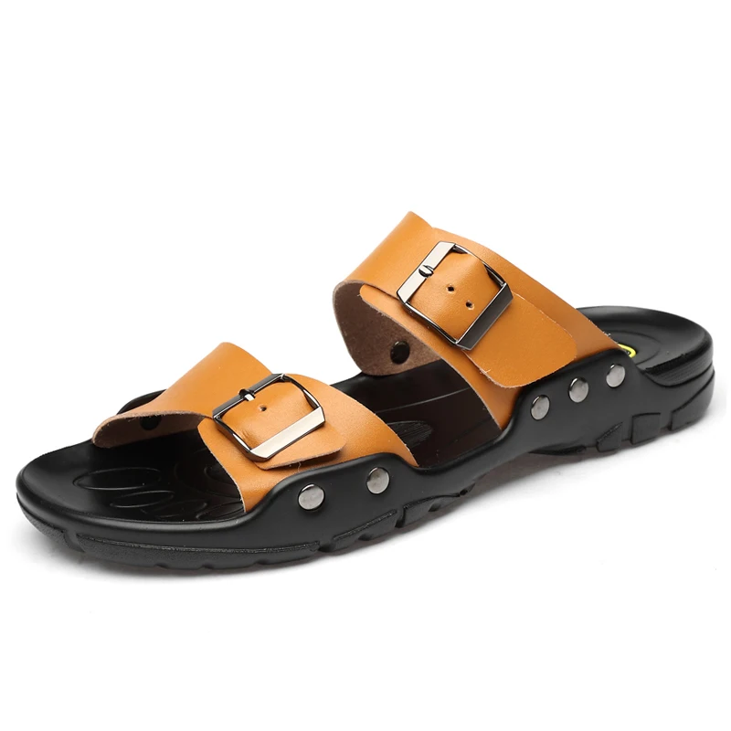 

Plus Big Size Men Leather Slippers Slides Summer Outdoor Beach Flat Slide Slipper Male White Black Yellow 49s 50s 51s 52s