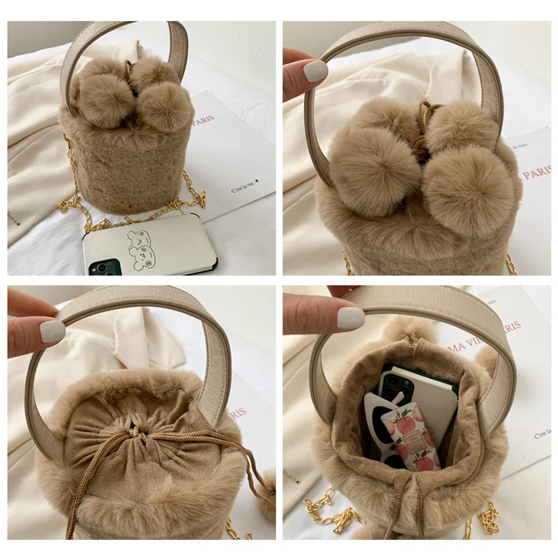 Plush Tote Bags Chain Bucket Bag Soft Fluffy Bag Drawstring Furry Bags For Women 2021 Luxury Designer Handbag Fur Shoulders Bags