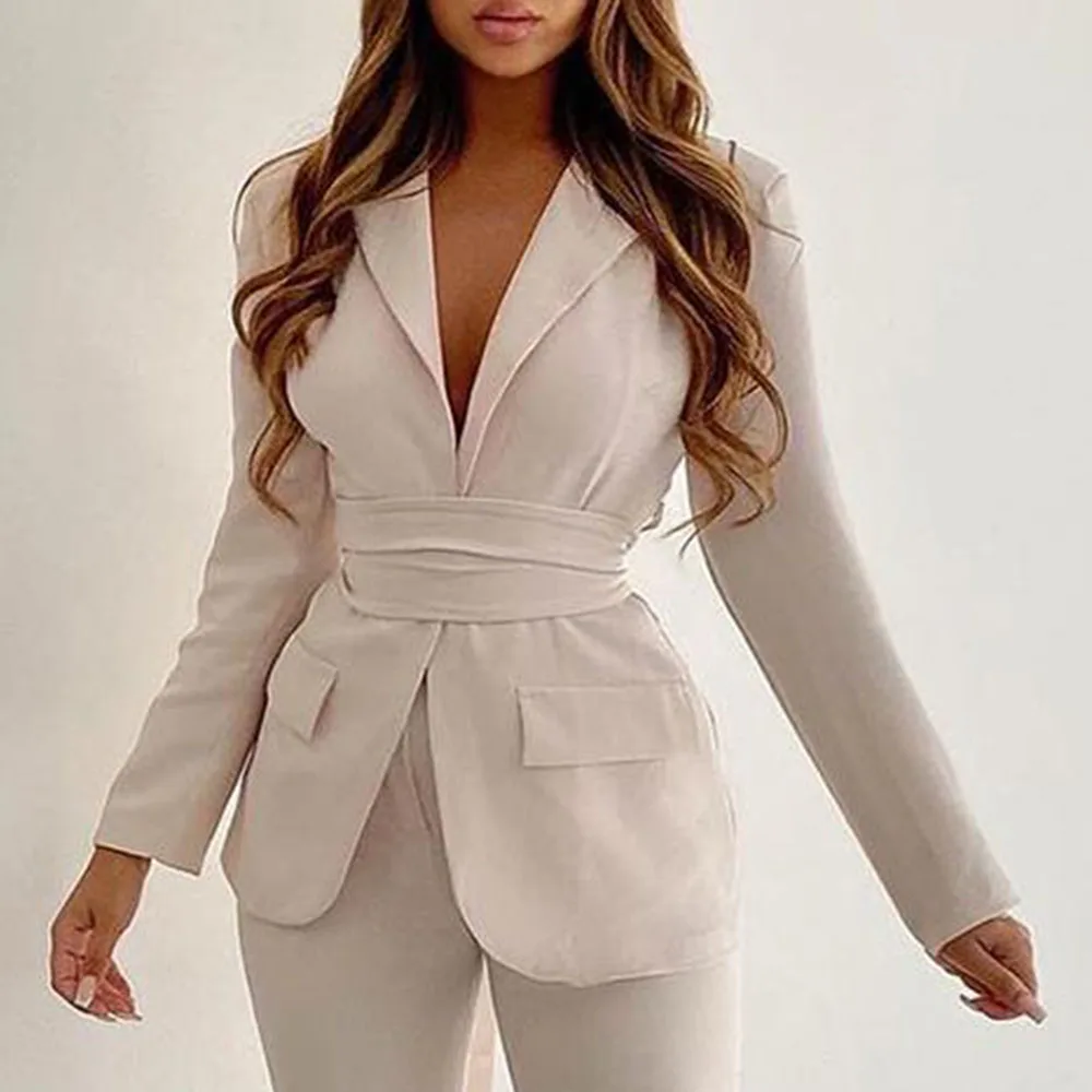 

2021 Autumn New Womens Casual Blazer Solid Color Simplicity Fashion Belt Lapel Long Sleeve Western Style Suit Jacket
