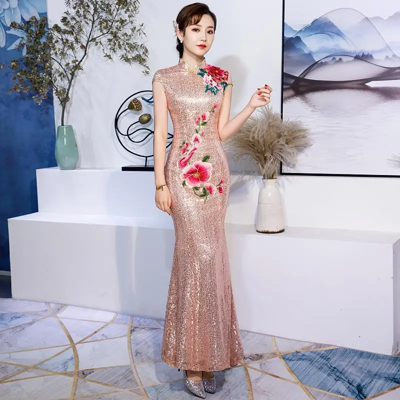 

Женское длинное китайское вечернее платье Cheongsam, свадебное платье для невесты, зима 2019