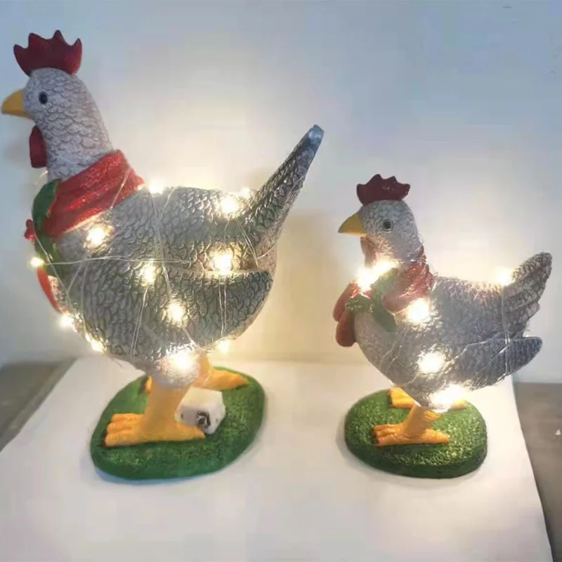 Pollo de Navidad iluminado con bufanda, escultura de resina para patio, jard&iacute;n, c&eacute;sped, pasillo, decoraci&oacute;n de Navidad-1
