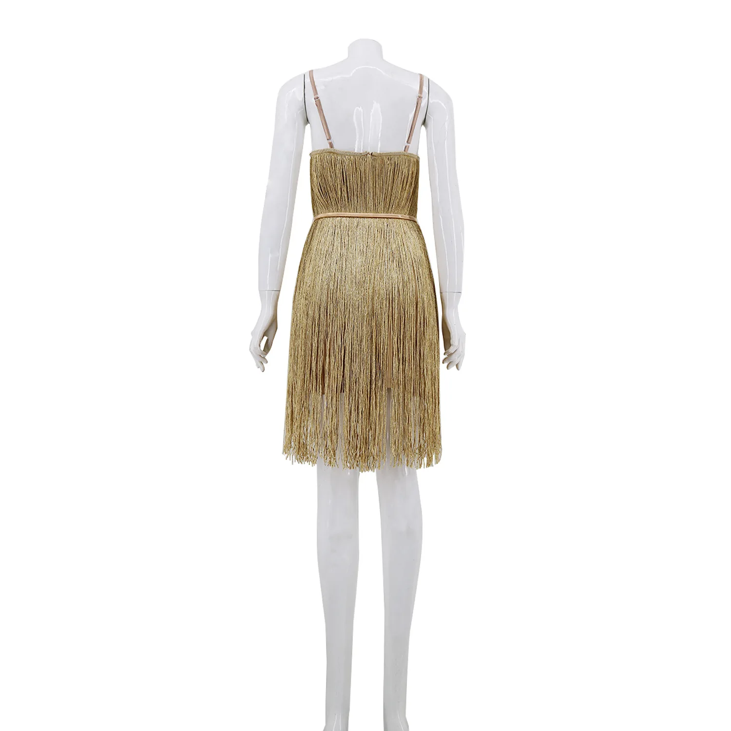 

Gold noble sexy suspender dress open back tassel metal belt sexy dinner dress