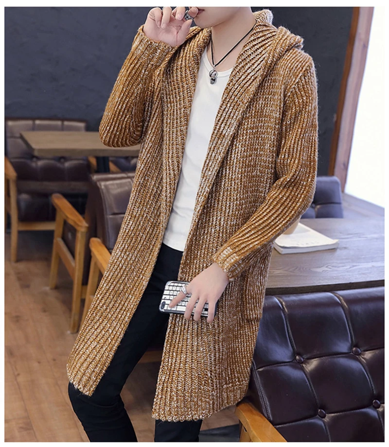 2019 осень зима новый мужской длинный свитер однотонный рукав с капюшоном пальто