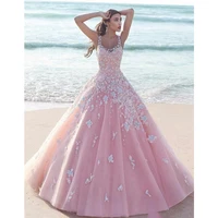 2021 pink ball gown quinceanera dresses 3d flowers tulle formal party robe sweet 18 vestidos elegant princess 16 long prom dress