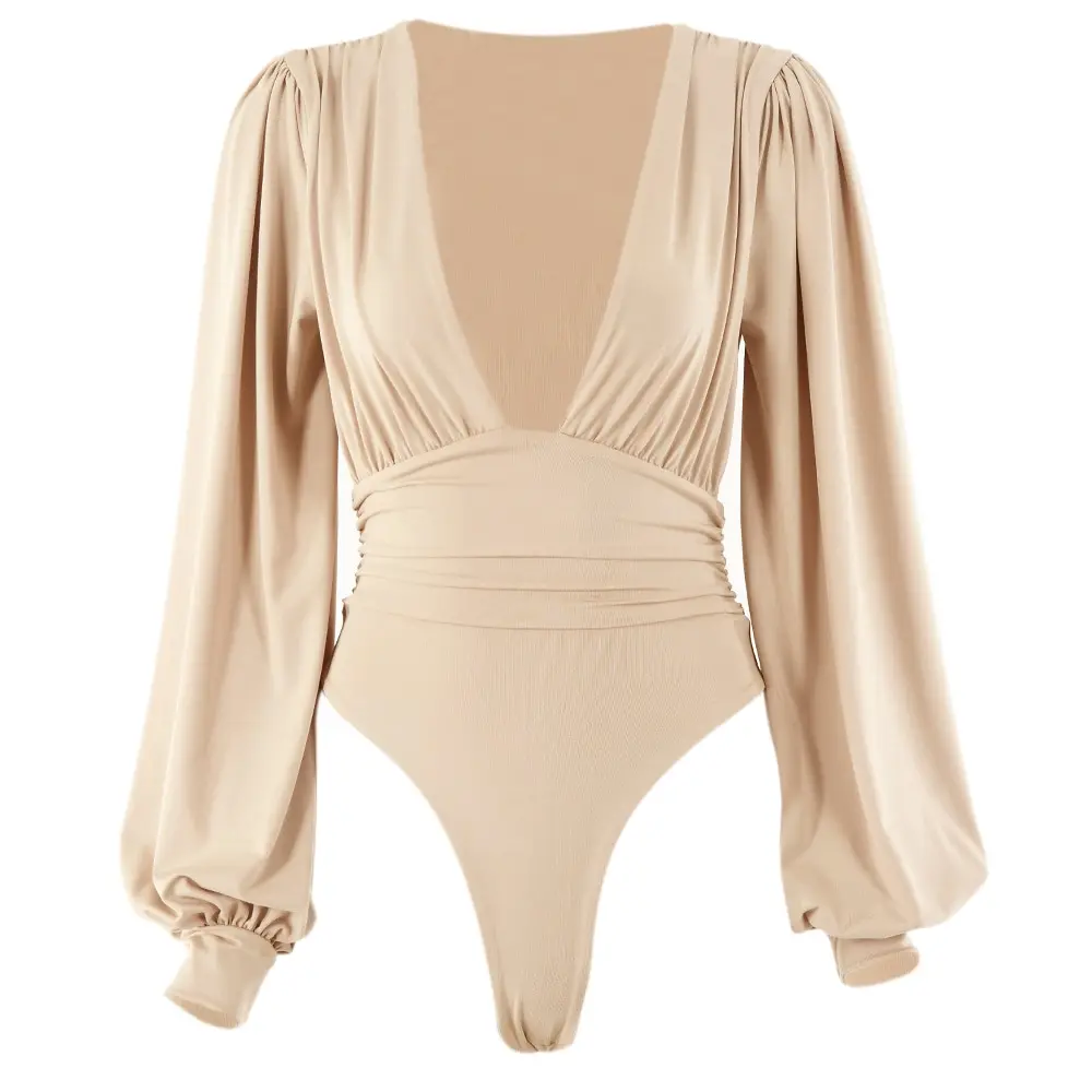 

Black Deep V Neck Bodysuit Women Sexy Puff Sleeve Bodycon Jumpsuit Solid Elastic Casual Party Winter Bodysuits Body Tops