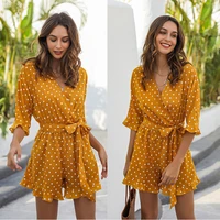 2021 women ruffles playsuits rompers dot print v neck mid sleeve jumpsuits sweet outfits overalls casual loose shorts beachwear