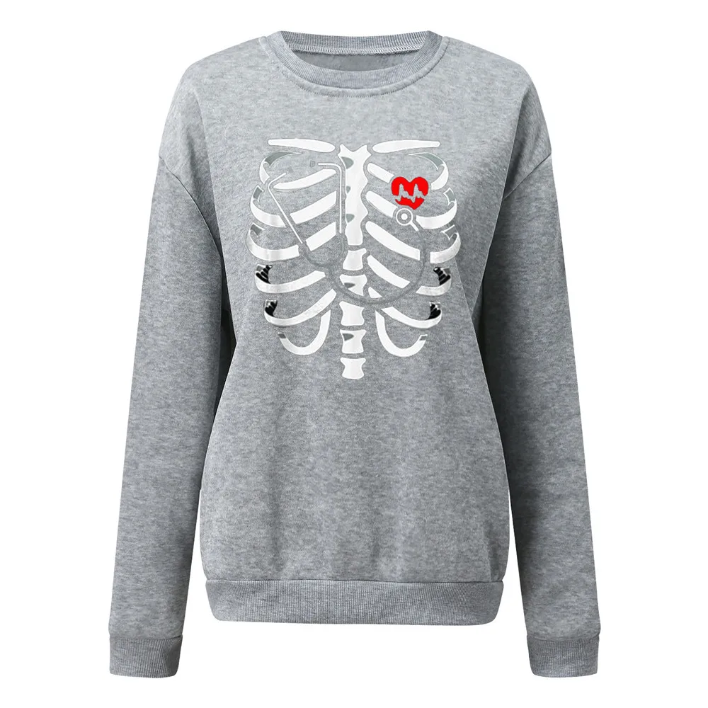 

Halloween Pullovers Round Neck Long Sleeve Solid Color Loose Skull Print Winter Autumn Female Fashion Hot Style Sweatshirts