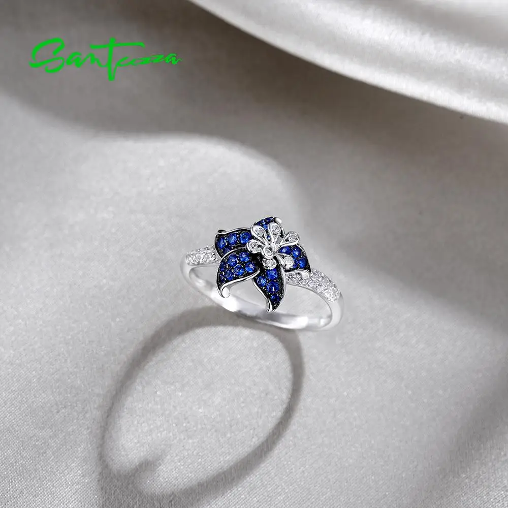 SANTUZZA Silver Ring For Women 925 Sterling Blooming Flower Blue Pink White Cubic Zirconia anillos Party Fine Jewelry | Украшения и