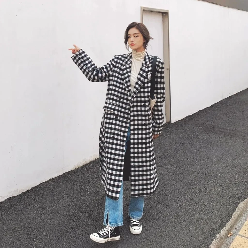 

Plaid woolen coat women's mid-length style loose 2021 spring and autumn new over the knee woolen coat