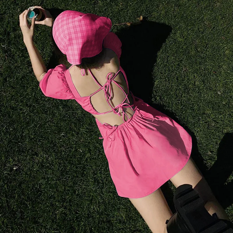 

Женское платье с открытой спиной, летнее платье в стиле ins с рукавами-фонариками и квадратным вырезом, юбка с эластичной талией