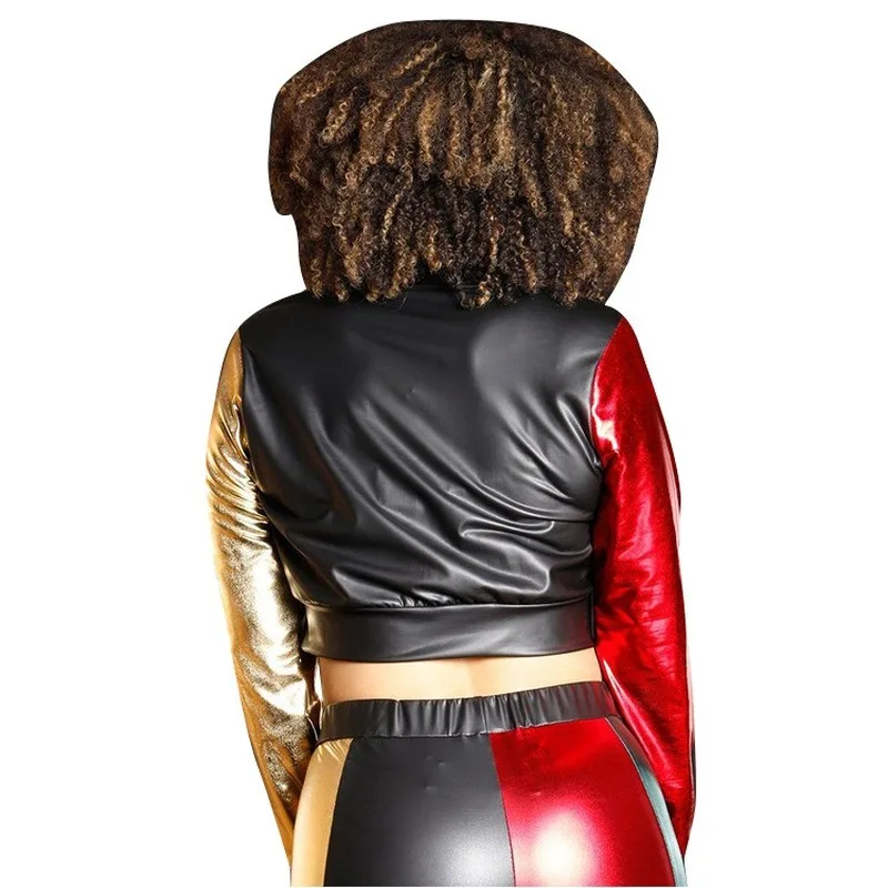 

Sexy Two Piece Fashionable Casual Suit Multicolor Contrast Soft Leather Sexy Suit Two Piece Pants Set Women Ropa De Mujer