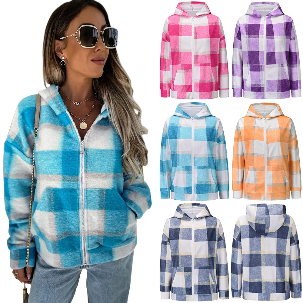 

Fashion Casual Autumn Jacket Women's Plaid Color Printing Velvet Warm Winter Jacket Hooded Loose Women's Jacket