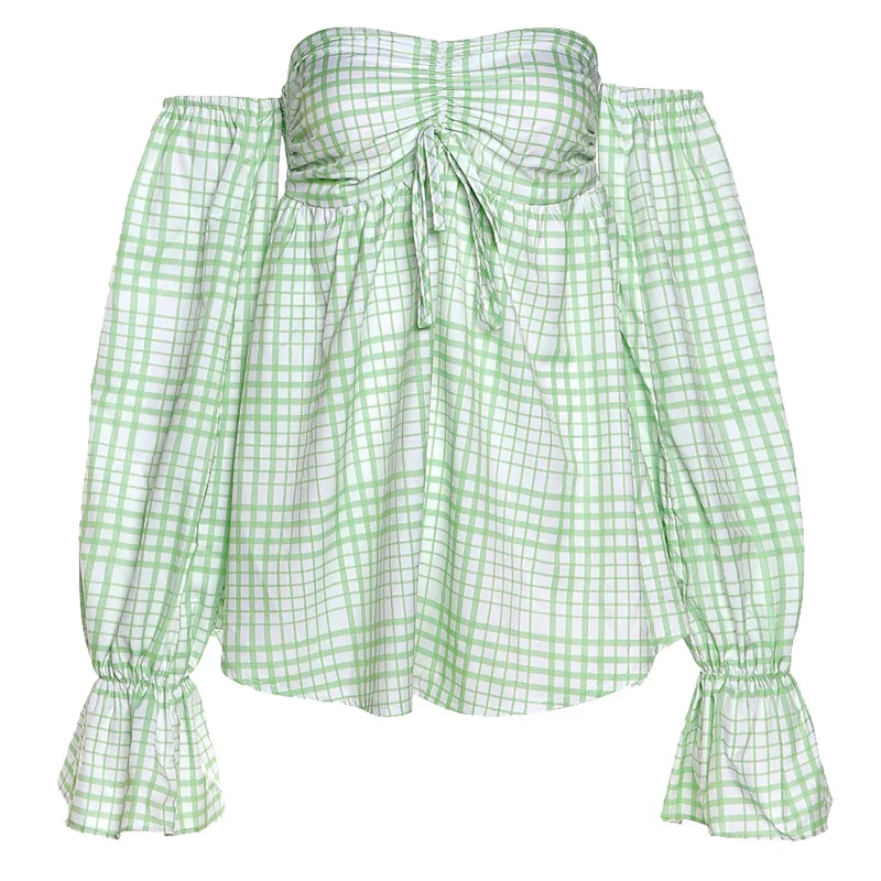 

MosiMolly 2021 Chic Plaid Blouses Shirt Off Shoulder Bow Blouses Green Blouses Summer
