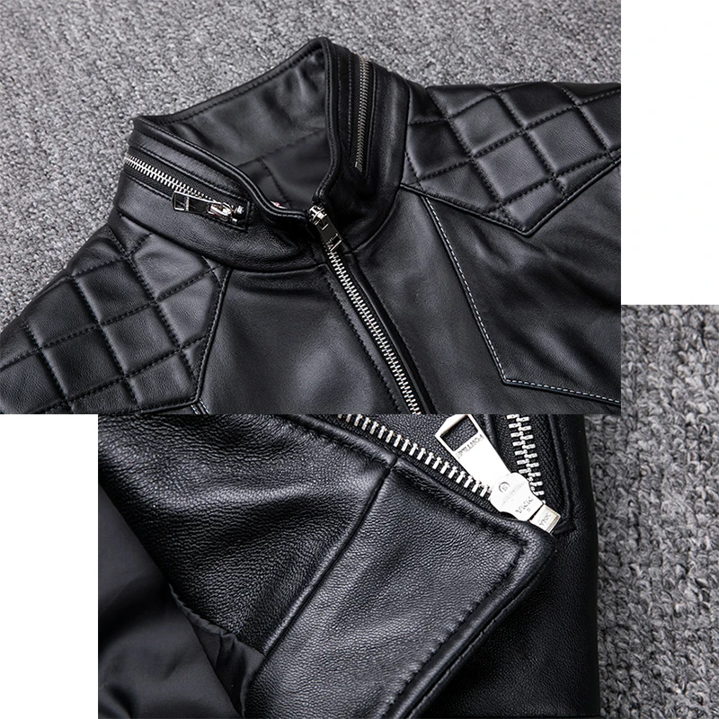 

2021 New Fashion Genuine Jacket Men Short Slim Fit Sheepskin Black Stand Collar Motorcycle Biker Leather Coat