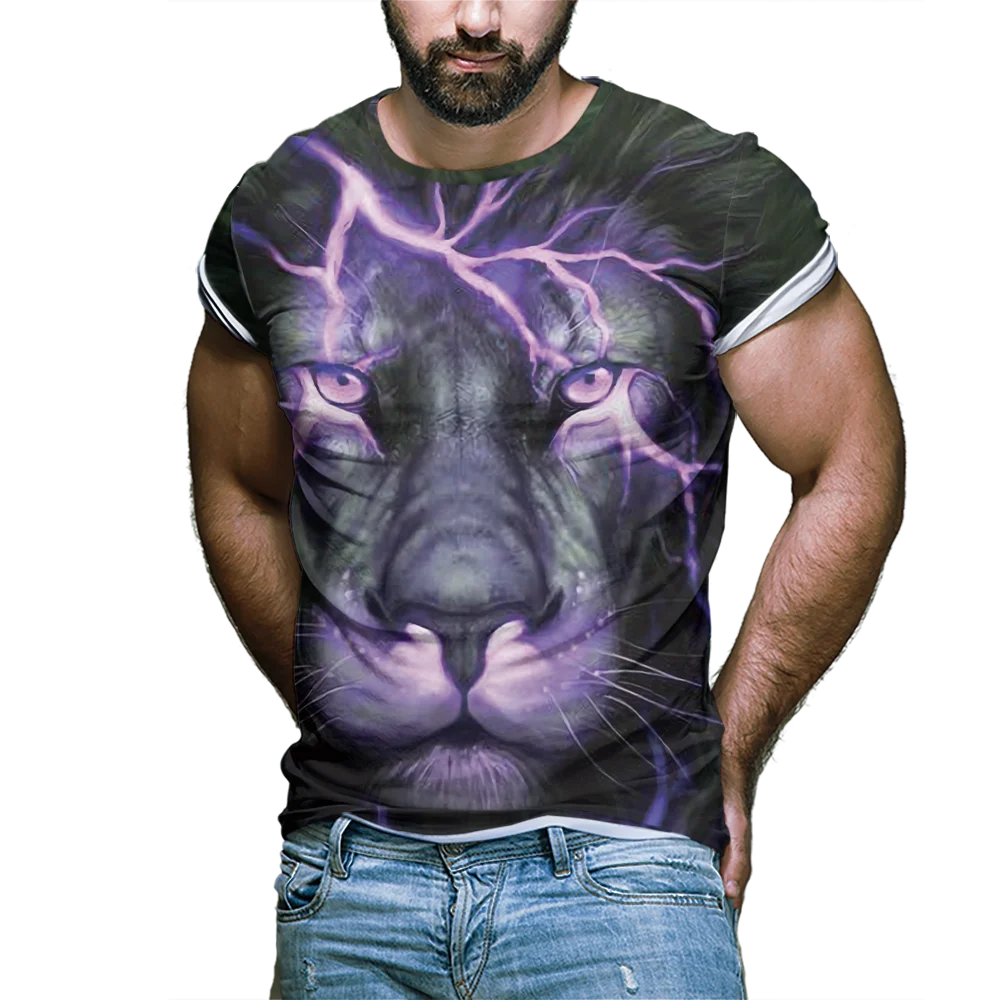 

HandsomeMen's short-sleeved Summer T-shirt fashion print 3D anime personality casual animal Cartoon lion pattern round neck