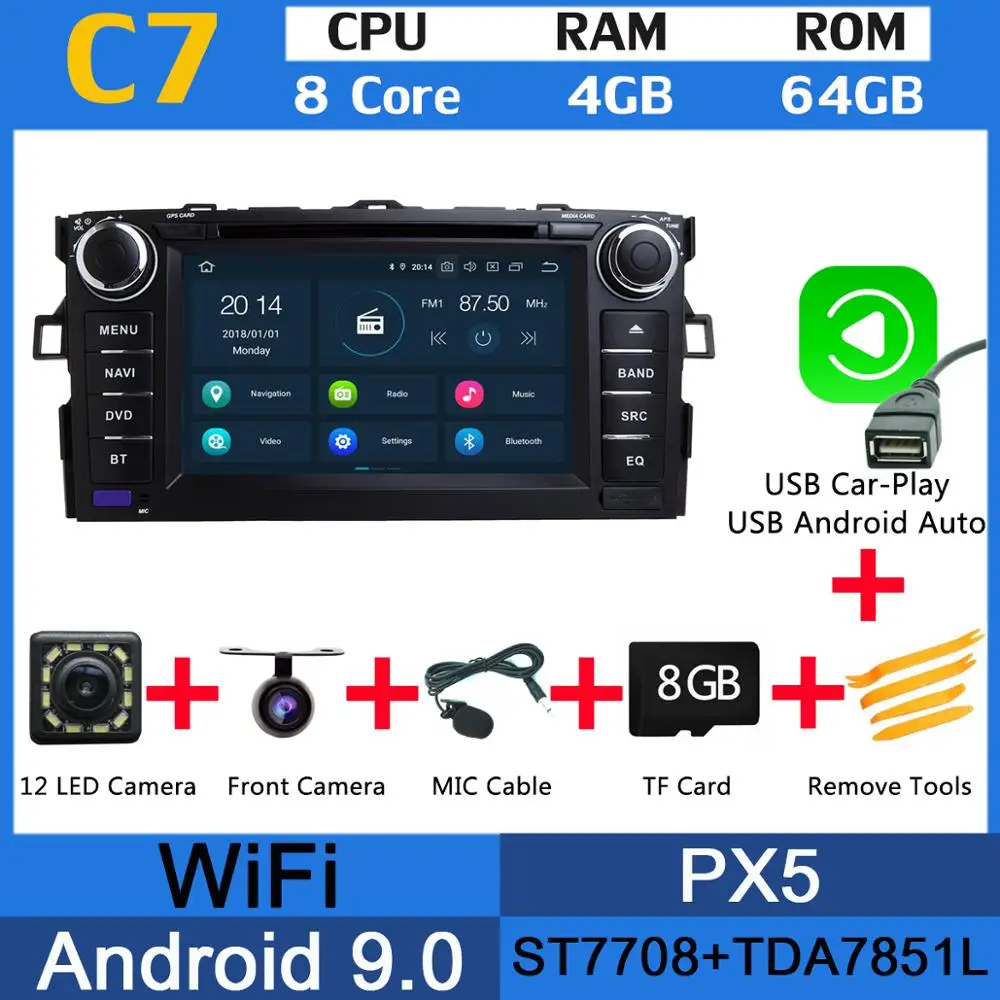 PX5 USB CarPlay " PX6 4G+ 64G Android 9,0 для Toyota Auris 2006 2007 2008 2009 2010 2011 Автомобильный DVD Радио gps навигации DSP CarPlay - Цвет: PX5 USB CarPlay
