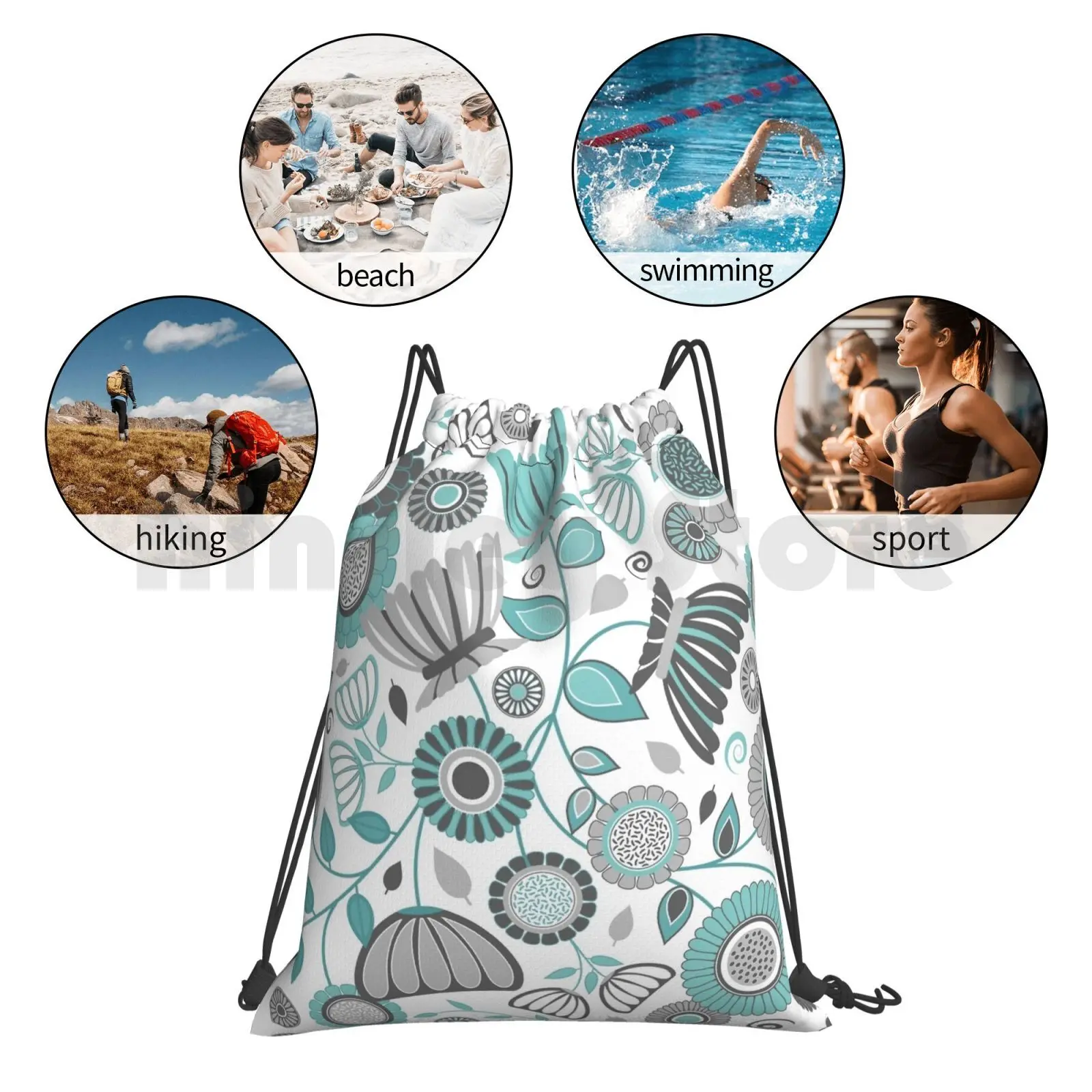 

Turquoise Modern Flower Design , Contemporary Gray Floral Print Backpack Drawstring Bag Riding Climbing Gym Bag Turquoise