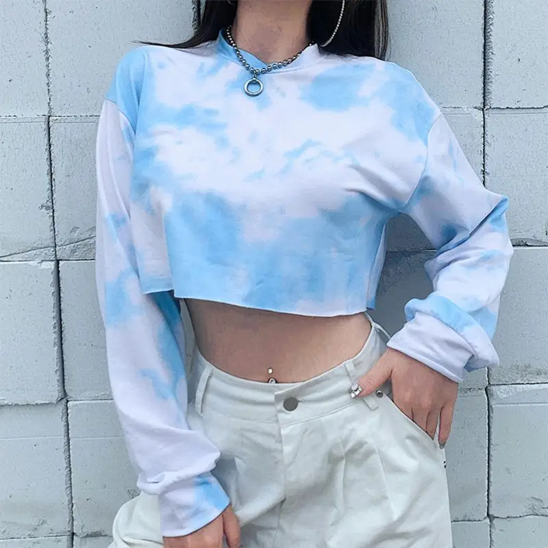 

New Womens Autumn Long Sleeve Loose Sweatshirt O-Neck Gradient Tie-Dye Printed Pullover Crop Top Harajuku Casual Streetwear