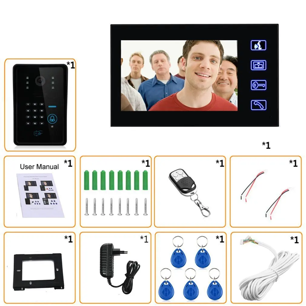 7 Inch Kleur Hd Touch Screen Bedrade Rfid Wachtwoord Video Deurtelefoon Deurbel Met Ir Camera 200M Afstandsbediening systeem Intercom