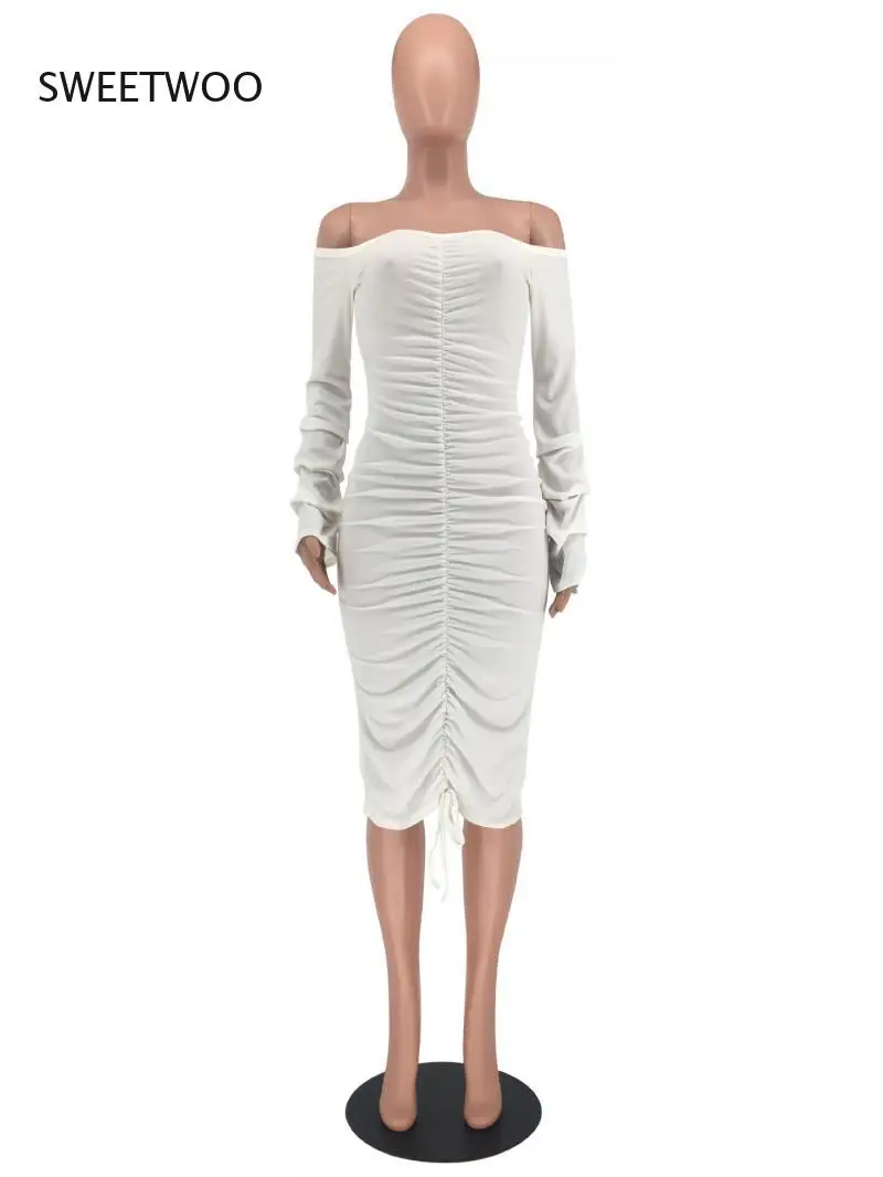 

Ladies Folded Folded Flare Sleeves Off Shoulder Off Shoulder Sexy Dress