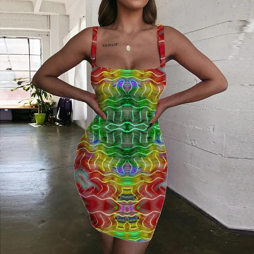 

Giyu Brand Psychedelic Dress Women Abstract Sundress Colorful Halter Sleeveless Art 3d Print Womens Clothing Club New Boho