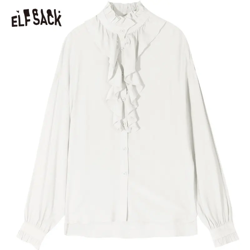 

ELFSACK White Solid Frill Neckline Casual Blouse Women 2020 Spring Blue Pure Vintage Lantern Sleeve Korean Ladies Daily Top