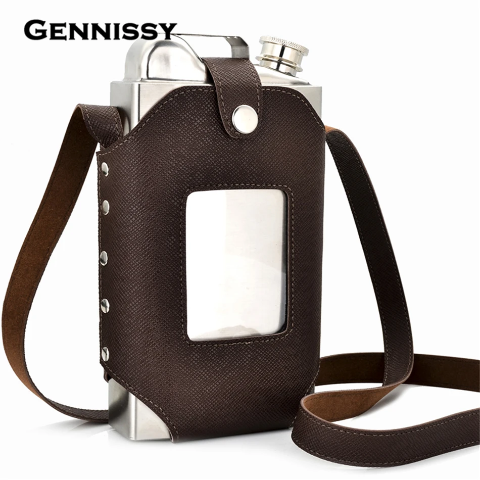 GENNISSY 35 унций большой бедра колба с супер хорошее качество кожаный кобура большой емкости нержавеющая сталь бедра ликер колбы - Цвет: Коричневый