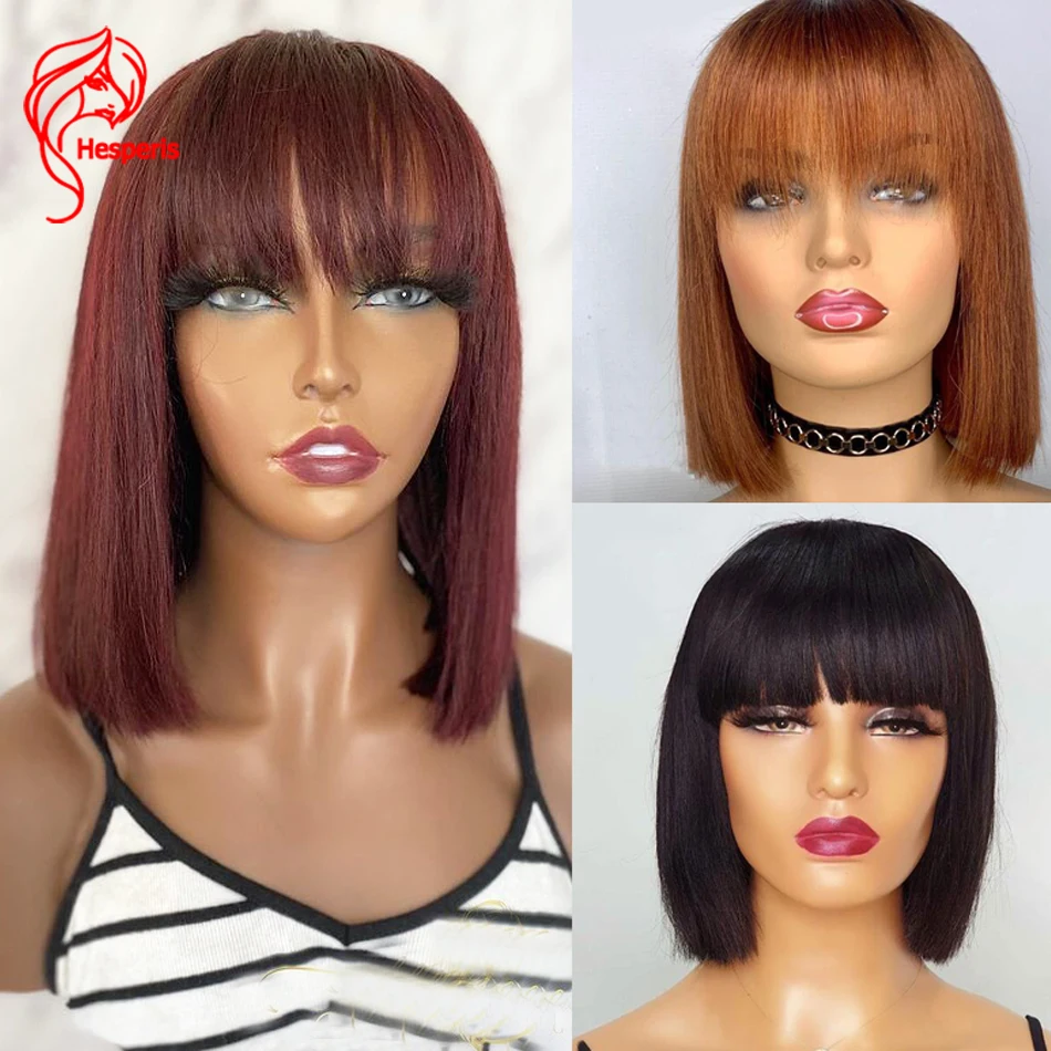 

Hesperis Red 99J Short Bob Human Hair Wigs With Bangs Orange Remy Brazilian Full Machine Made Scalp Top Wig For Black Women