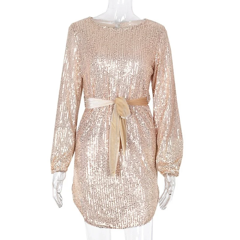 

Fashion Sexy Round Neck Lantern Sleeve Belt Pencil Skirt Sequin Dress Nightclub Club Women's Fall Silver Sequin Party Dress
