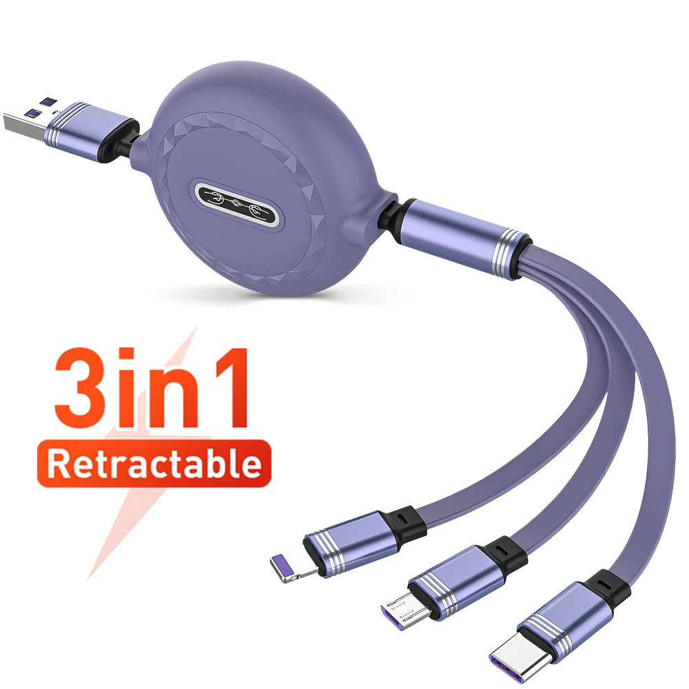 3-в-1 8-контактный кабель Micro USB Type-C для iPhone 13 зарядный Huawei Samsung C Выдвижной 120 см 3A |