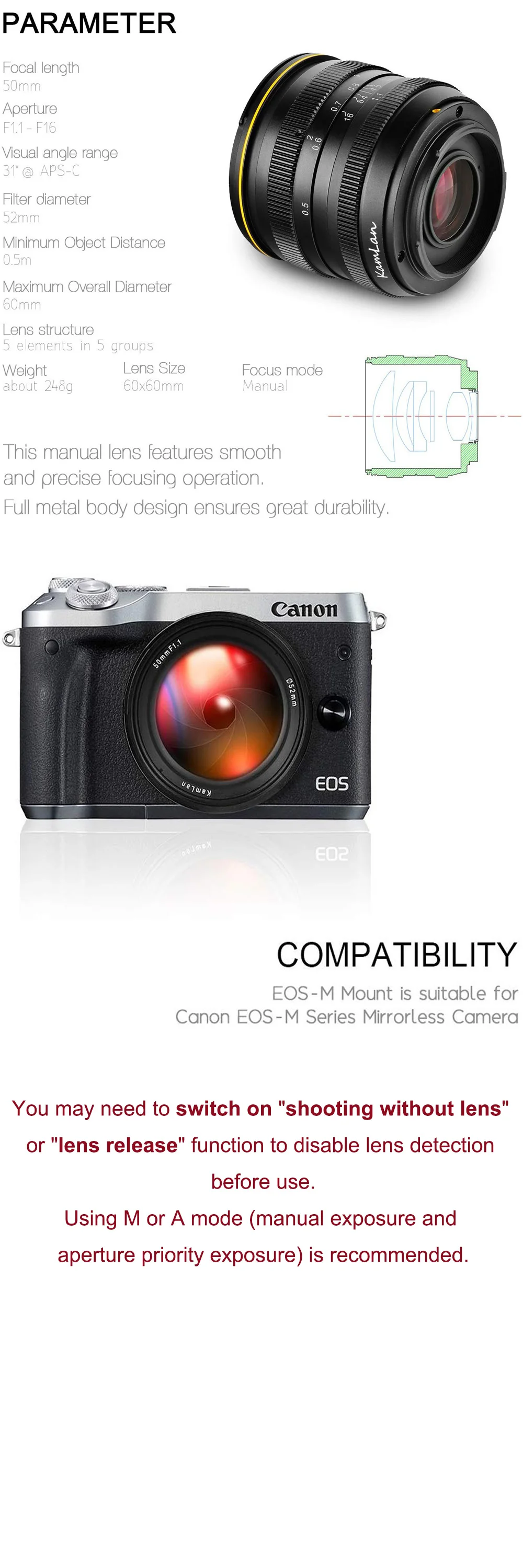 Kamlan 50 мм F1.1 APS-C объектив с большой апертурой ручной фокусировки для Canon EOS-M Mount
