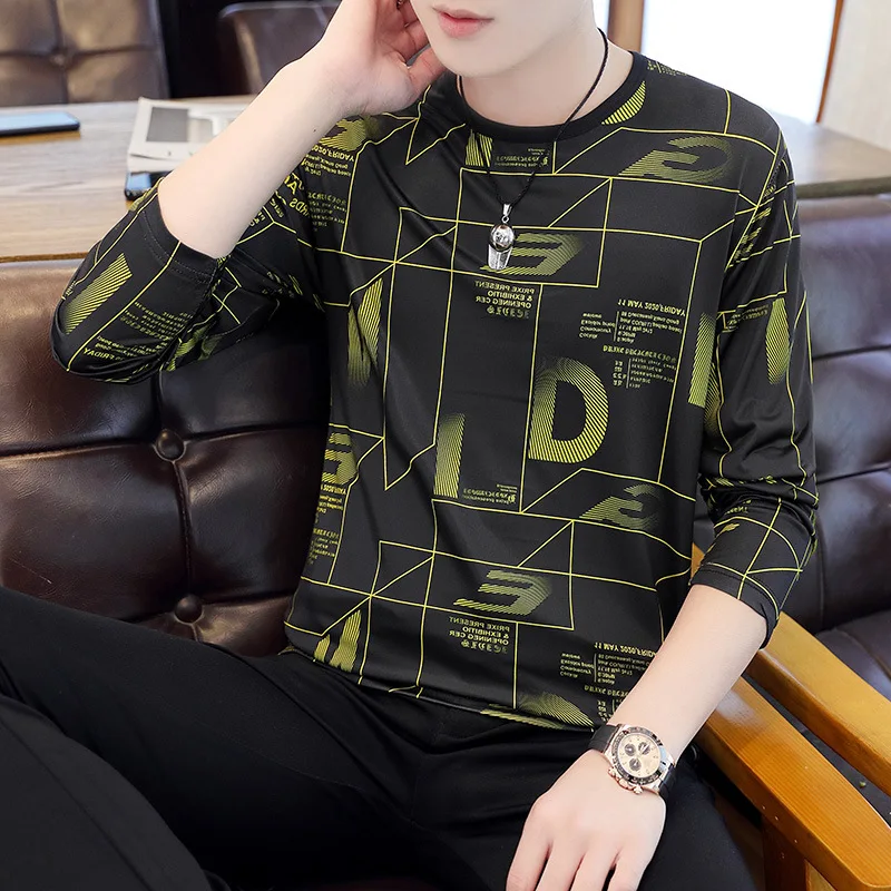 

Мужская шелковая футболка с длинными рукавами, Повседневная облегающая футболка с надписью, с круглым вырезом, Корейская версия, размера пл...