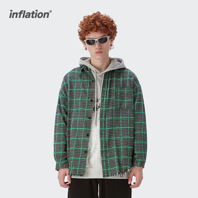

INFLATION Vintage Plaid Shirts Jacket Men Urban Streetwear Tassel Hem Oversized Checkered Shirts Men Long Sleeve