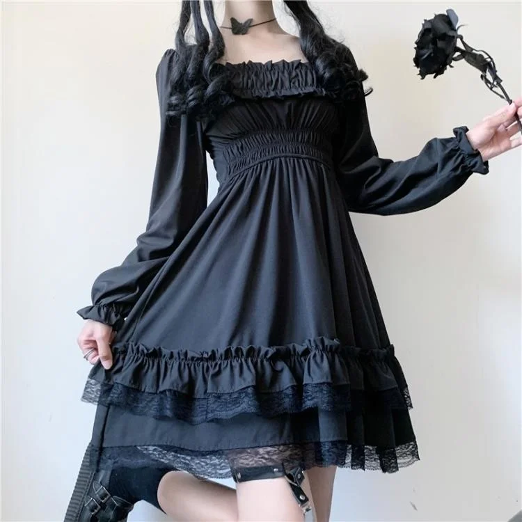 

Korean Style Chic Retro Goth Girl Loose Lace Slimming Square Collar Long Sleeve Puff Sleeve Dress Women